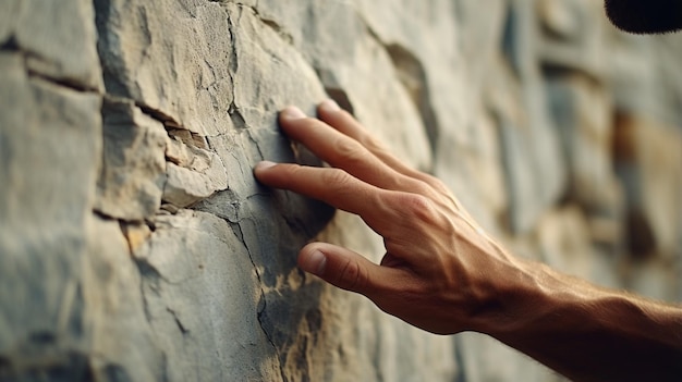 Las manos del hombre tocando la pared de piedra.
