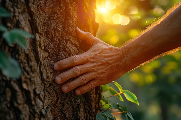 Las manos de un hombre tocando un tallo de árbol vista de cerca de la corteza cuidando de la ecología y el medio ambiente IA generativa