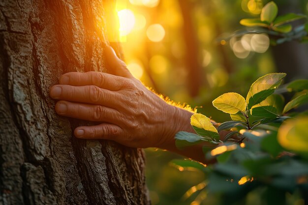 Las manos de un hombre tocando un tallo de árbol vista de cerca de la corteza cuidando de la ecología y el medio ambiente IA generativa