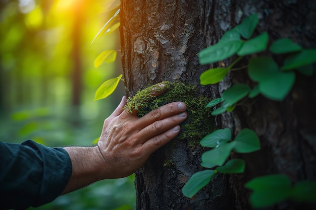 Manos de un hombre tocando el tallo de un árbol vista de cerca de la corteza cuidando la ecología y el medio ambiente IA generativa