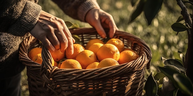 Las manos de los hombres cosechan naranjas en una canasta en el jardín en verano Ilustración generativa de IA