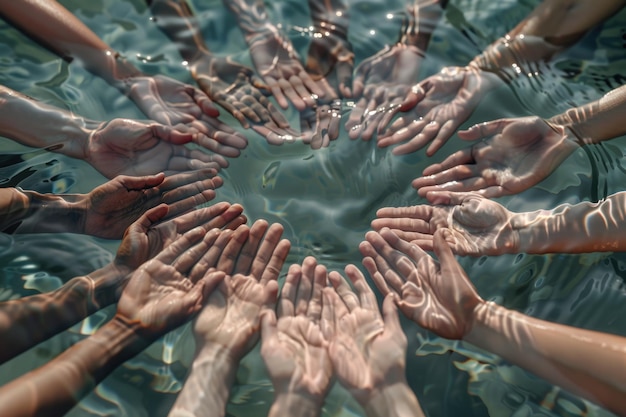 Manos humanas colaborativas agrupadas en forma de corazón sobre un fondo de agua