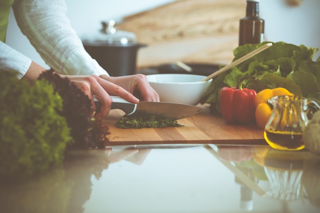 Manos humanas desconocidas cocinando en la cocina. Mujer cortando cebolla verde. Comida saludable y concepto de comida vegetariana.