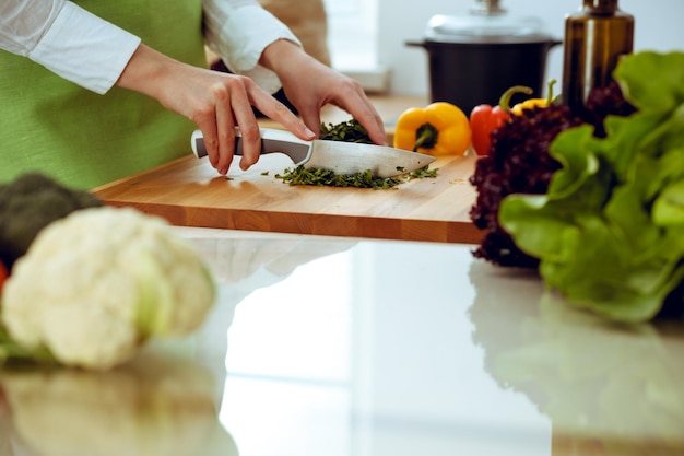 Manos humanas desconocidas cocinando en la cocina. La mujer está ocupada con ensalada de verduras. Comida saludable y concepto de comida vegetariana.