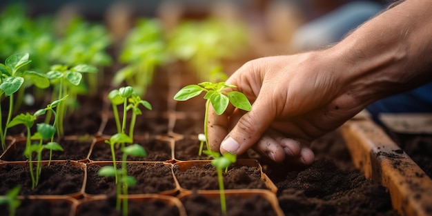 Manos humanas están plantando brotes de tomate en un invernadero.