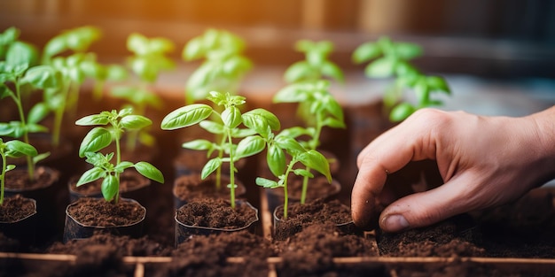 Manos humanas están plantando brotes de tomate en un invernadero.