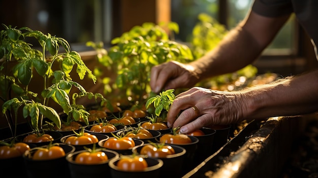 Foto manos humanas plantando brotes de tomate en el invernadero concepto de agricultura y plantación ia generativa