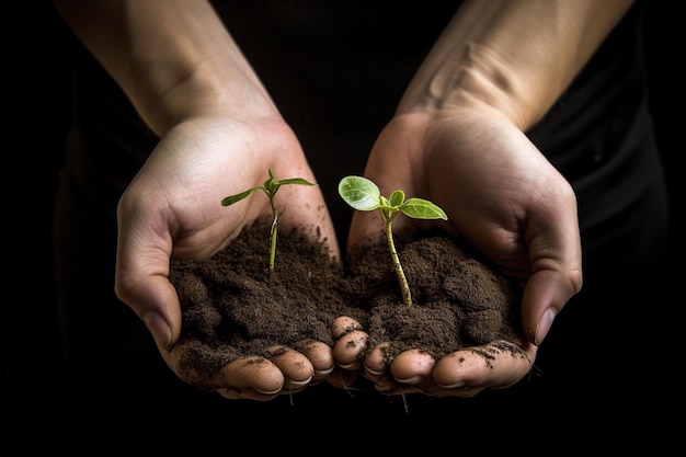 Las manos humanas sostienen tiernamente la planta y el suelo en sus manos Concepto de la naturaleza Ilustración IA generativa