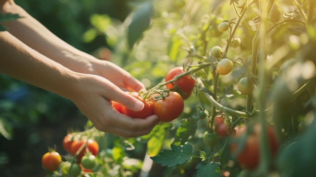 Las manos humanas sostienen tomates frescos en el huerto Cultivando tomates para la venta