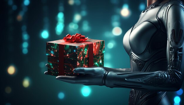 Foto de manos humanoides cyborg androide diseñado por sostener caja de regalos decorada con bandera de navidad