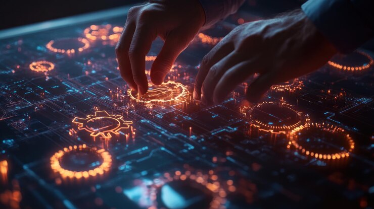 Las manos interactúan con los engranajes digitales