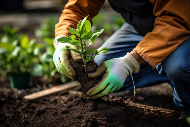 Las manos de un jardinero plantando una joven planta verde en un suelo fértil