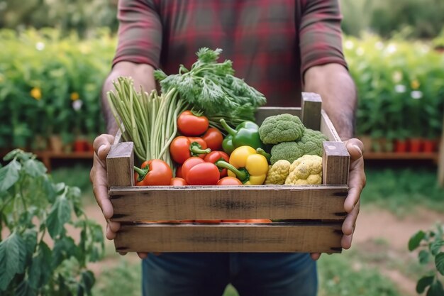 Manos joven agricultor sostiene una caja de vegetales orgánicos AI generativa