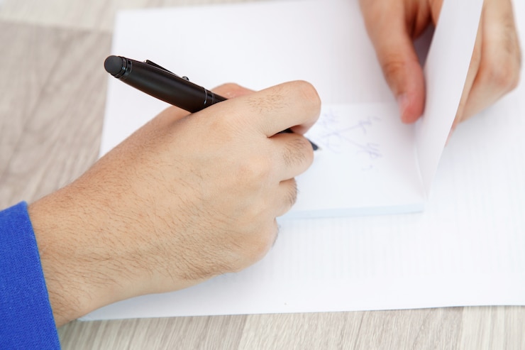 Foto manos de un joven escribiendo en un trozo de papel