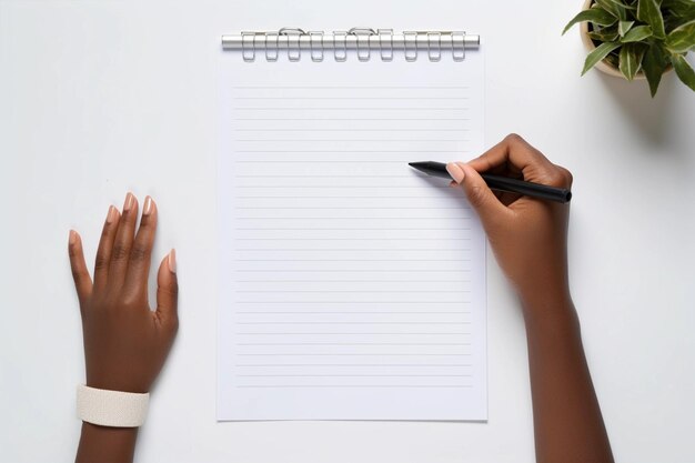 Manos de una joven negra escribiendo una lista de tareas en un fondo blanco de mesa Vista superior