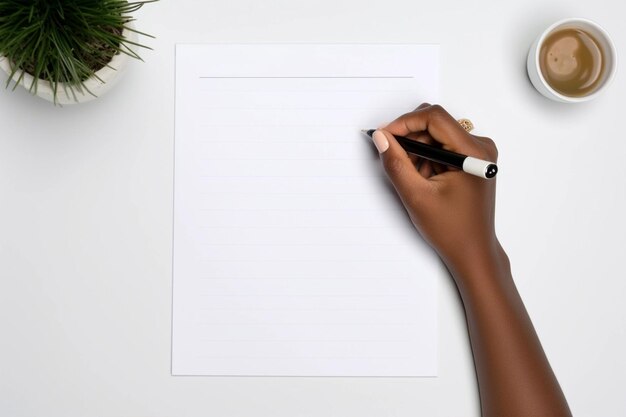 Las manos de una joven negra escribiendo una lista de tareas en el fondo blanco de la mesa.