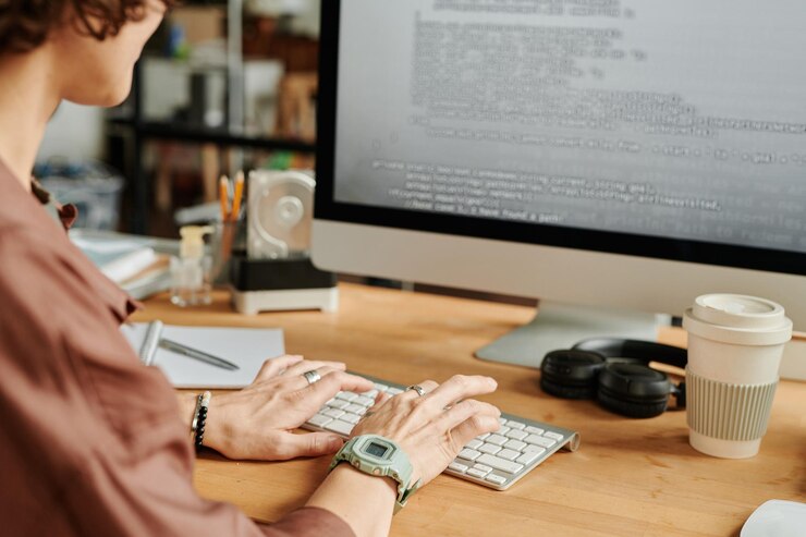 Foto manos de una joven programadora escribiendo en el teclado de la computadora