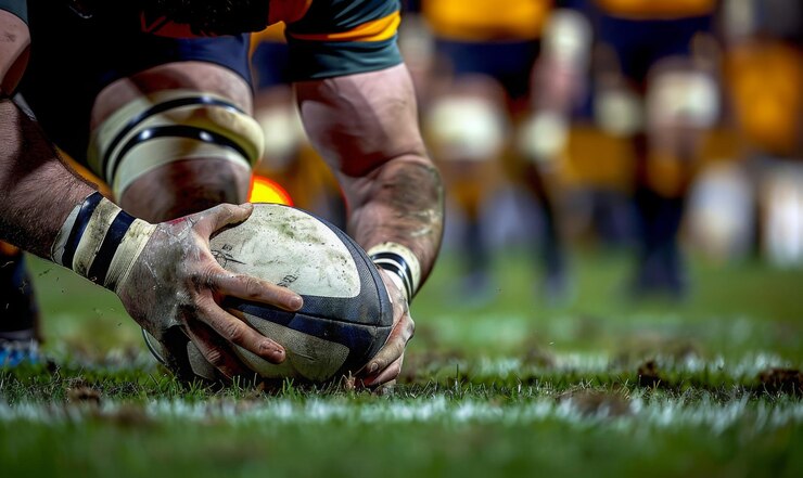 Las manos de un jugador de rugby agarrando la pelota con el campo y los jugadores en el fondo