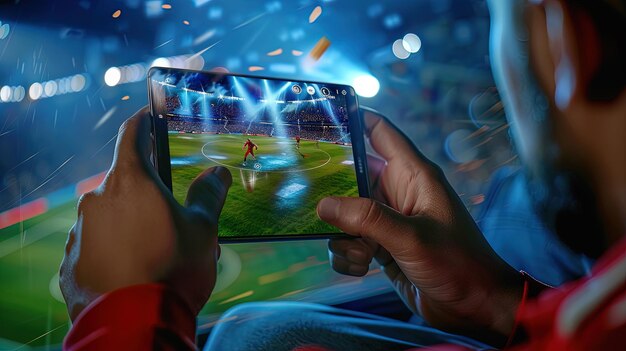 Manos jugando un videojuego de fútbol en un teléfono móvil Concepto comercial