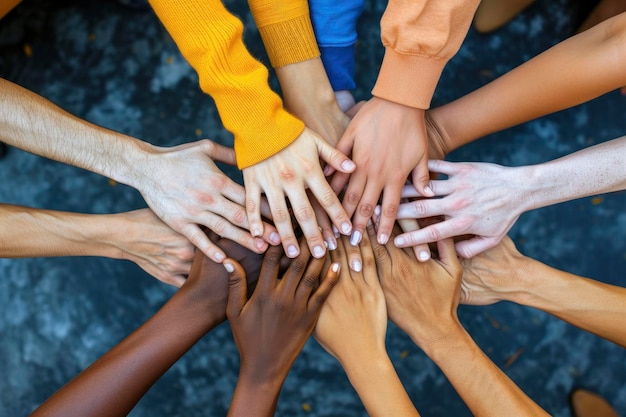 Manos juntas por la diversidad Una imagen inspiradora de personas de diferentes orígenes uniendo manos en unidad celebrando la diversidad y la inclusión