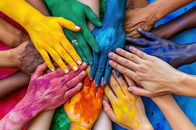 Manos juntas por la diversidad Una imagen inspiradora de personas de diversos orígenes uniendo sus manos en unidad para celebrar la diversidad y la inclusión