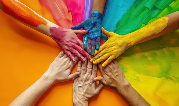 Manos juntas por la diversidad Una imagen inspiradora de personas de diversos orígenes uniendo sus manos en unidad para celebrar la diversidad y la inclusión