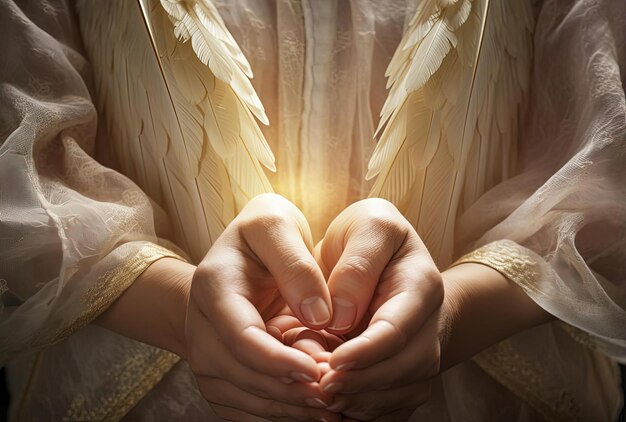 Foto las manos juntas en oración en el estilo de la fotografía angelical
