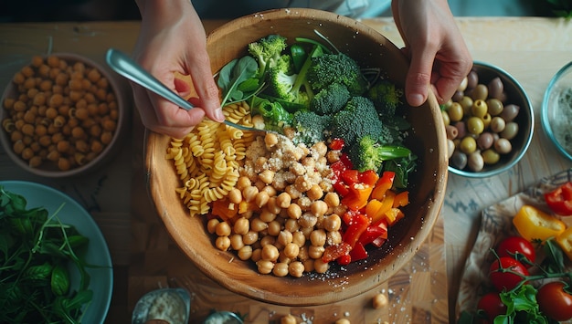 Foto las manos lanzando una ensalada mediterránea fresca con brócoli de garbanzos y fusilli una comida saludable