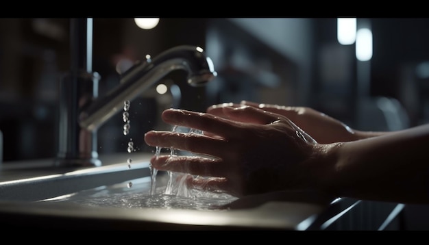 Foto manos limpias vertiendo agua refrescante en el fregadero de la cocina doméstica generada por inteligencia artificial