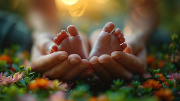 Las manos de las madres acunando los pies de los bebés entre las flores de primavera