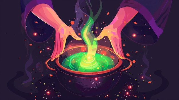 Manos de mago haciendo magia sobre un caldero con poción Ilustración de dibujos animados moderna que muestra a una mujer mago con un hechizo sustancia verde caliente hirviendo en una olla y luces brillantes en un negro