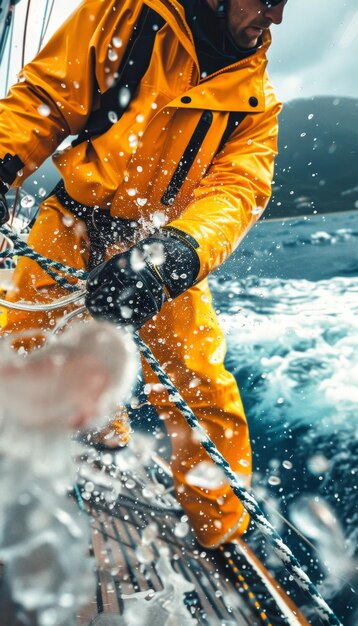 Foto las manos del marinero ajustando las cuerdas con precisión en el deporte olímpico de verano mostrando habilidad