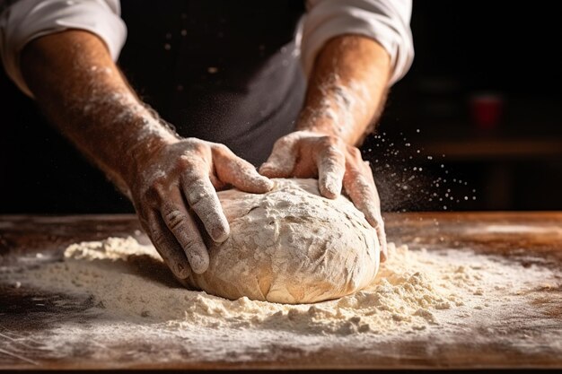 Manos masculinas amassando masa en una mesa de madera con harina en una panadería