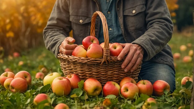 manos masculinas con una canasta de manzanas maduras en la naturaleza