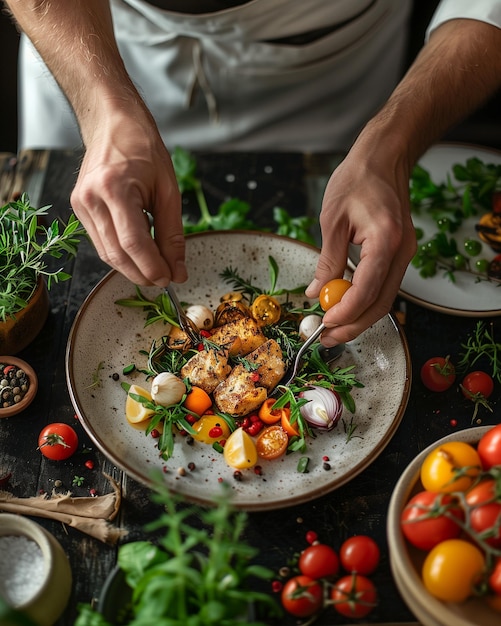 Foto las manos masculinas están preparando filete de pollo asado con verduras en un plato