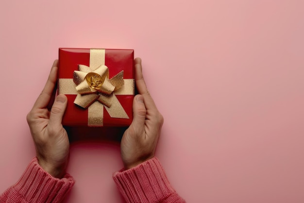 Manos masculinas y femeninas sosteniendo una caja de regalos roja sobre un fondo rosa