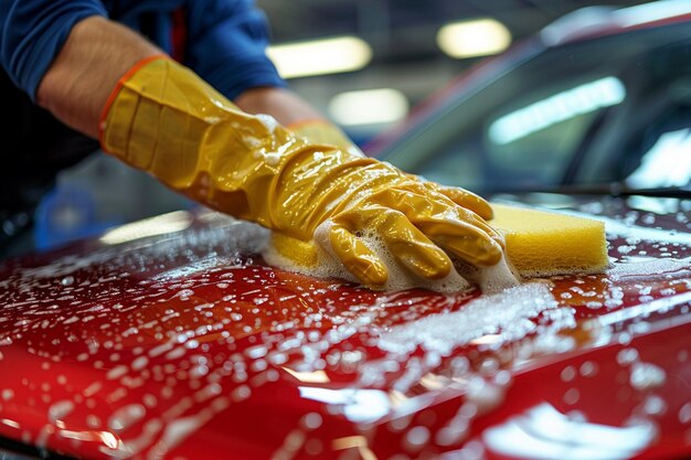 Manos masculinas en guantes de goma de un trabajador de lavado de coches pulindo un coche con esponja