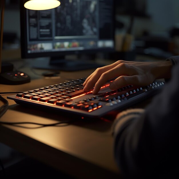 Manos masculinas en una oficina escribiendo en un teclado de computadora