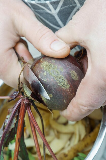 Manos masculinas pelando remolachas frescas y cortando tallos con un cuchillo sobre un tazón de peladuras de verduras closeup Chatarra de comida