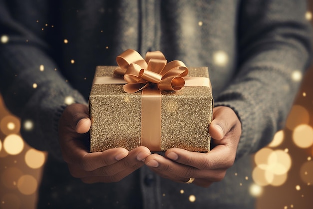 Manos masculinas sosteniendo caja de regalo con fondo de luces navideñas Tarjeta de invierno y año nuevo