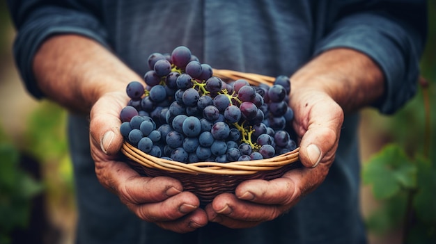 manos masculinas sosteniendo uvas rojas