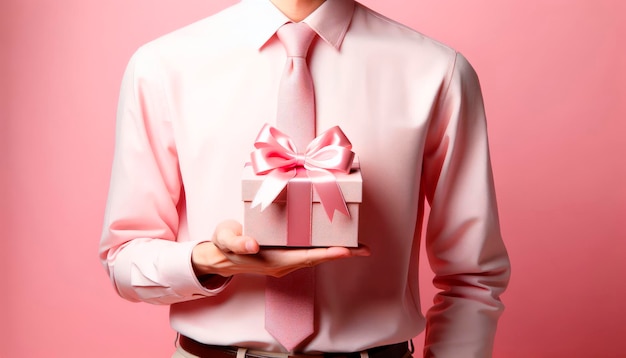 Foto las manos masculinas sostienen una caja de regalos con un arco felicitaciones presentando un regalo para el día de la madre cumpleaños