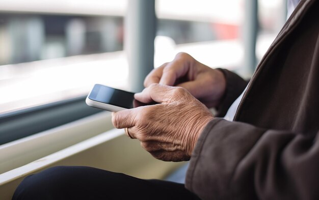 Manos mayores usando un teléfono inteligente en una zona de espera sentada como en un aeropuerto o una estación de tren