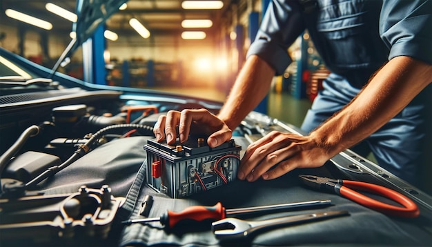 las manos de un mecánico de automóviles trabajando en la reparación y mantenimiento de la batería eléctrica de un automóvil