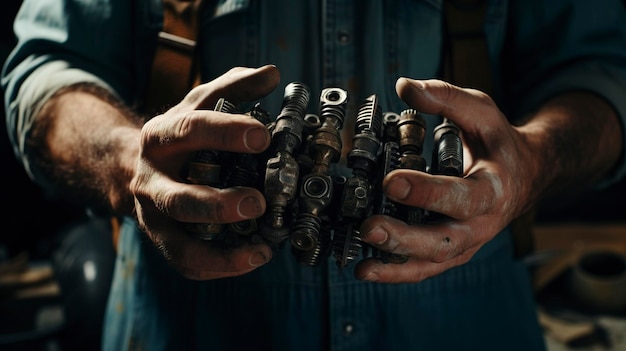 Manos del mecánico sosteniendo piezas de automóviles