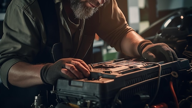 Manos de mecánico trabajando en vehículos eléctricos. IA generativa.