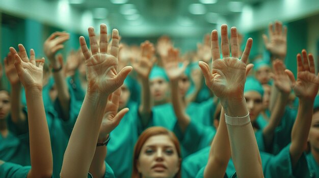 Foto las manos de los médicos levantadas juntas
