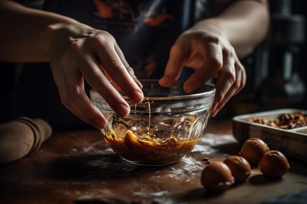 Manos mezclando ingredientes en un bol