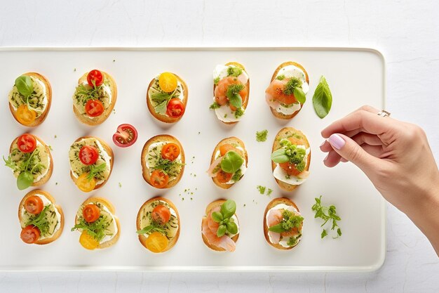 Foto manos montando mini sándwiches de bruschetta en salchichas para un plato de fiesta