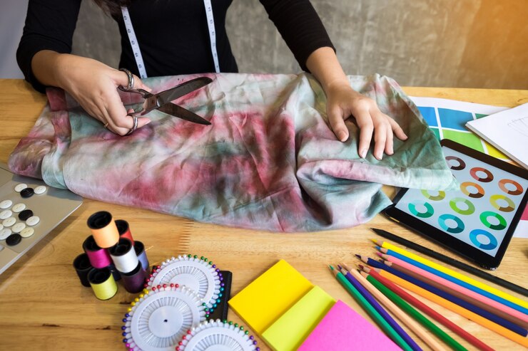 Foto las manos de la muesca sastre sastre tijera tela cortar un pedazo de tela (concepto de diseñador de moda).